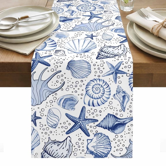 Navy Blue Coastal Table Runner - 108 Inch Long, Kitchen Dining Table Runner Dresser Scarves, Nautical Ocean Shell Starfish Sea Farmhouse Decor for Coffee Tables Wedding Party Banquet