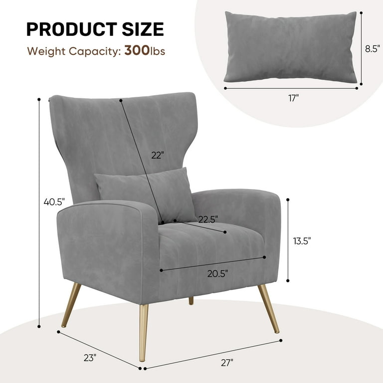 Hawsaiy Velvet Wingback Accent Chair with Golden Legs, Gray photo 7