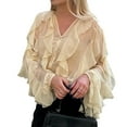 thumbnail image 2 of Women Dressy Casual Blouse Business Long Sleeve V Neck - Tops Office Work Outfit Beige L, 2 of 9