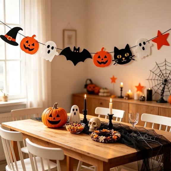 Halloween Felt Banner Garland, Spooky Ghost Pumpkin Bat Party Decor for Home Fireplace Wall