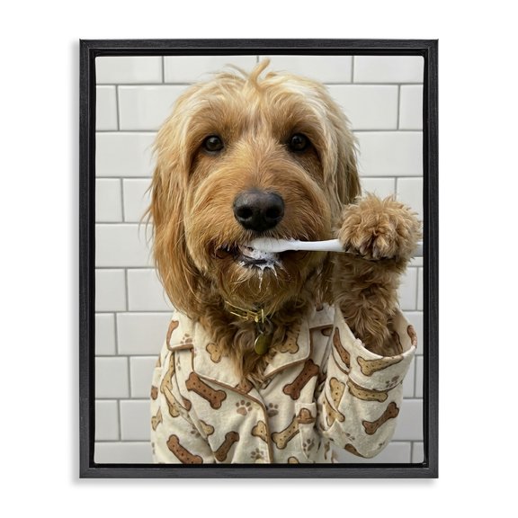 Stupell Industries Bohemian Realistic Dog Brushing Teeth Black Floating Frame Canvas Art, 17 x 21, by Abigail Walker