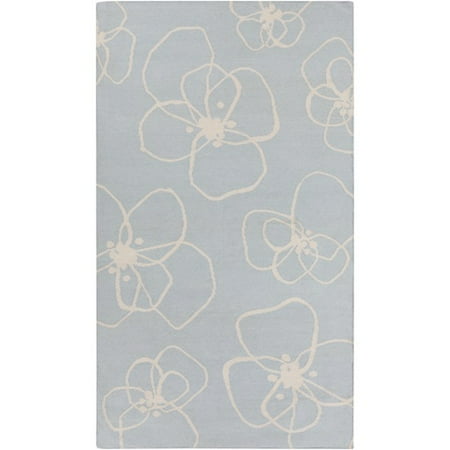 - 3.25' x 5.25' Floral Motif Sky Blue and Beige Brown Hand Woven Wool Area Throw Rug