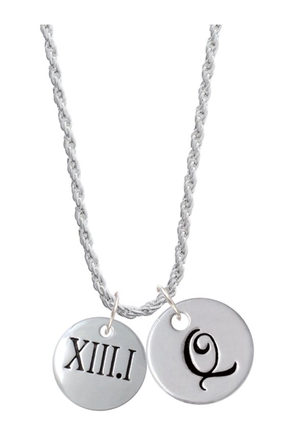 Silvertone Half Marathon Roman Numeral Silvertone Script Initial Disc - Q - Charm Necklace, 20"+3"