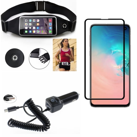 Galaxy S10e Running Waist Bag w Screen Protector w Car Charger - Belt Band Sports Gym Workout, Tempered Glass 5D Curved Edge, 3.1A Type-C Power for Samsung Galaxy S10e Phone