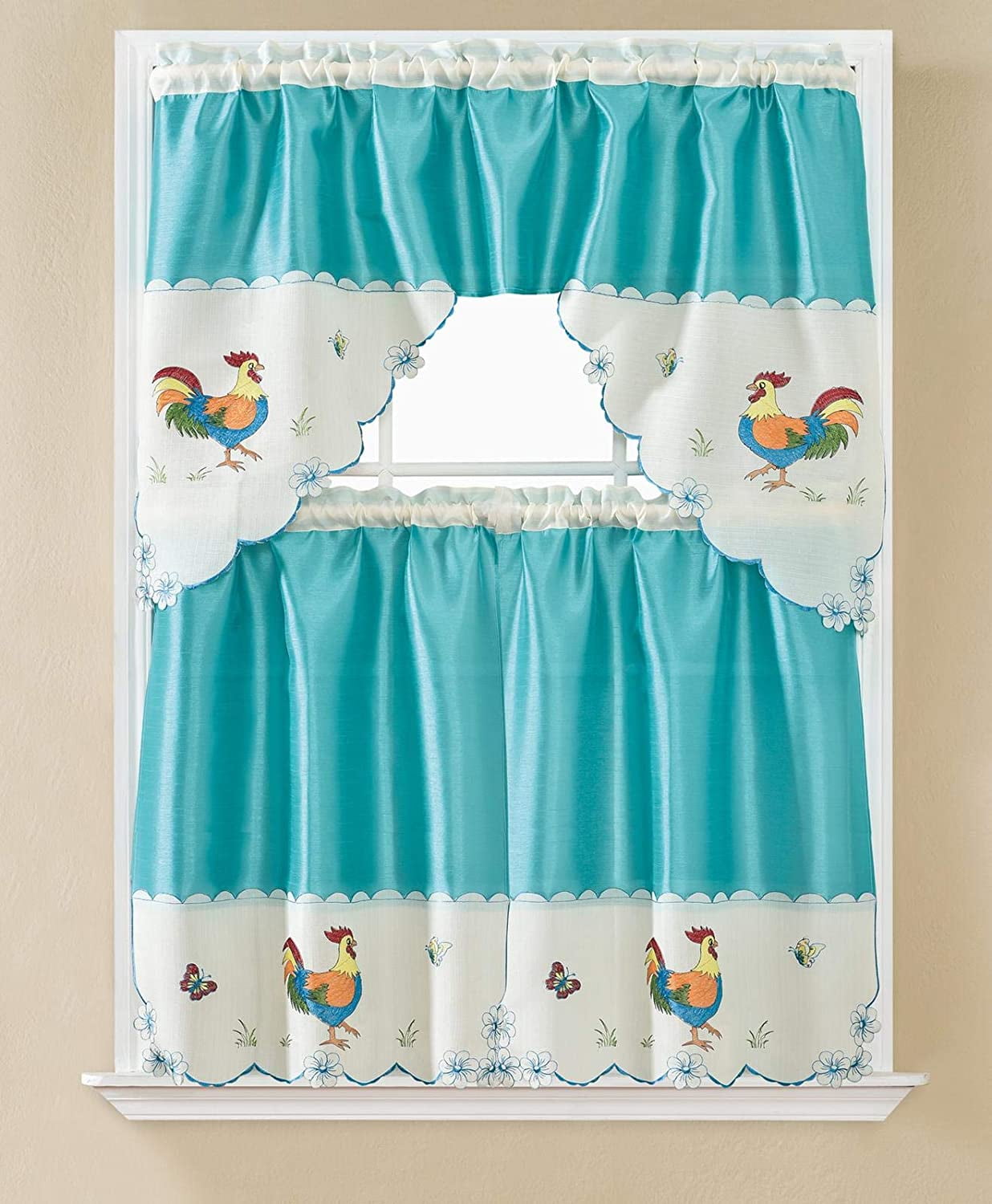 3 Piece Embroidery Rooster Kitchen Window Café Curtain Tier Panels and