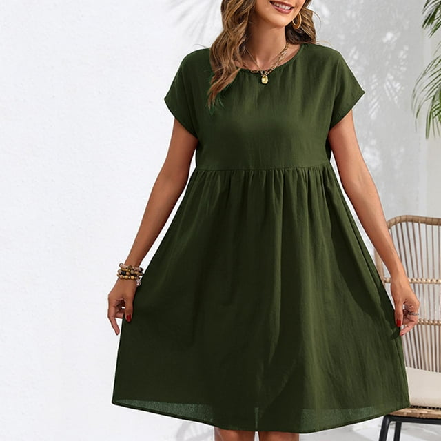 Meichang Robes-Chemises en Lin pour Femmes Été Manches Courtes Col Rond Longueur Genou Robes Tuniques Décontractées Robe Midi Fluide