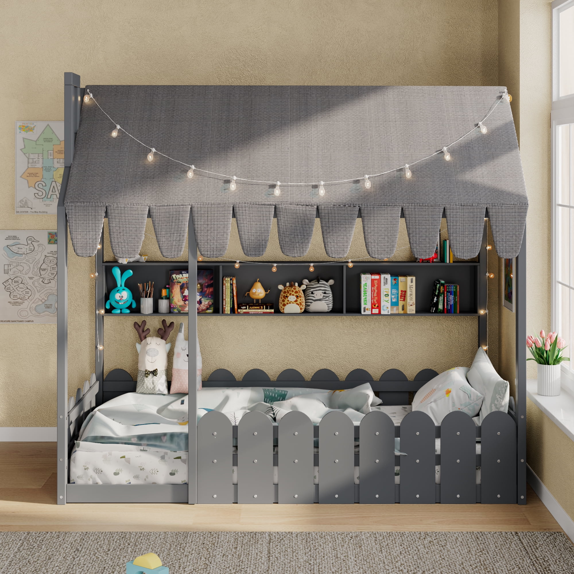 Aukfa Twin House Bed with Fence and Tent for Kids, Wooden Montessori Bed with LED Lights & Storage Shelves for Toddler Boys and Girls Bedroom, Gray