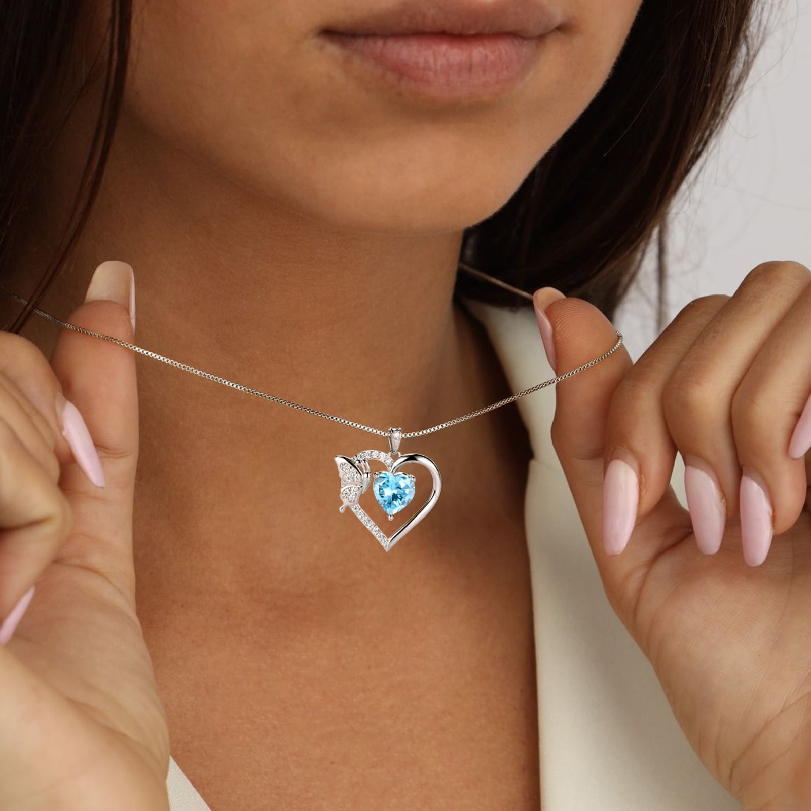 Blue Heart Necklace Butterfly March Birthstone Necklace Aquamarine 925 Sterling Silver Pendant Jewelry Women Christmas Birthday Mother's Day Gift
