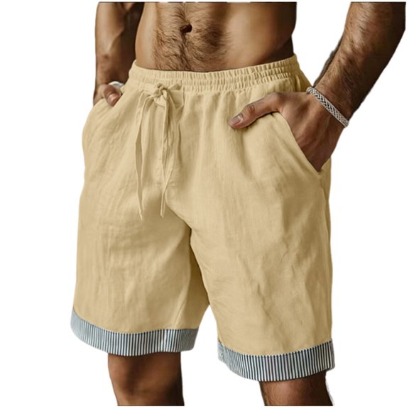 Yievot Cotton Linen Shorts for Men Striped Cuffed Hem Drawstring Elastic Waist Loose Fit Summer Vacation Shorts