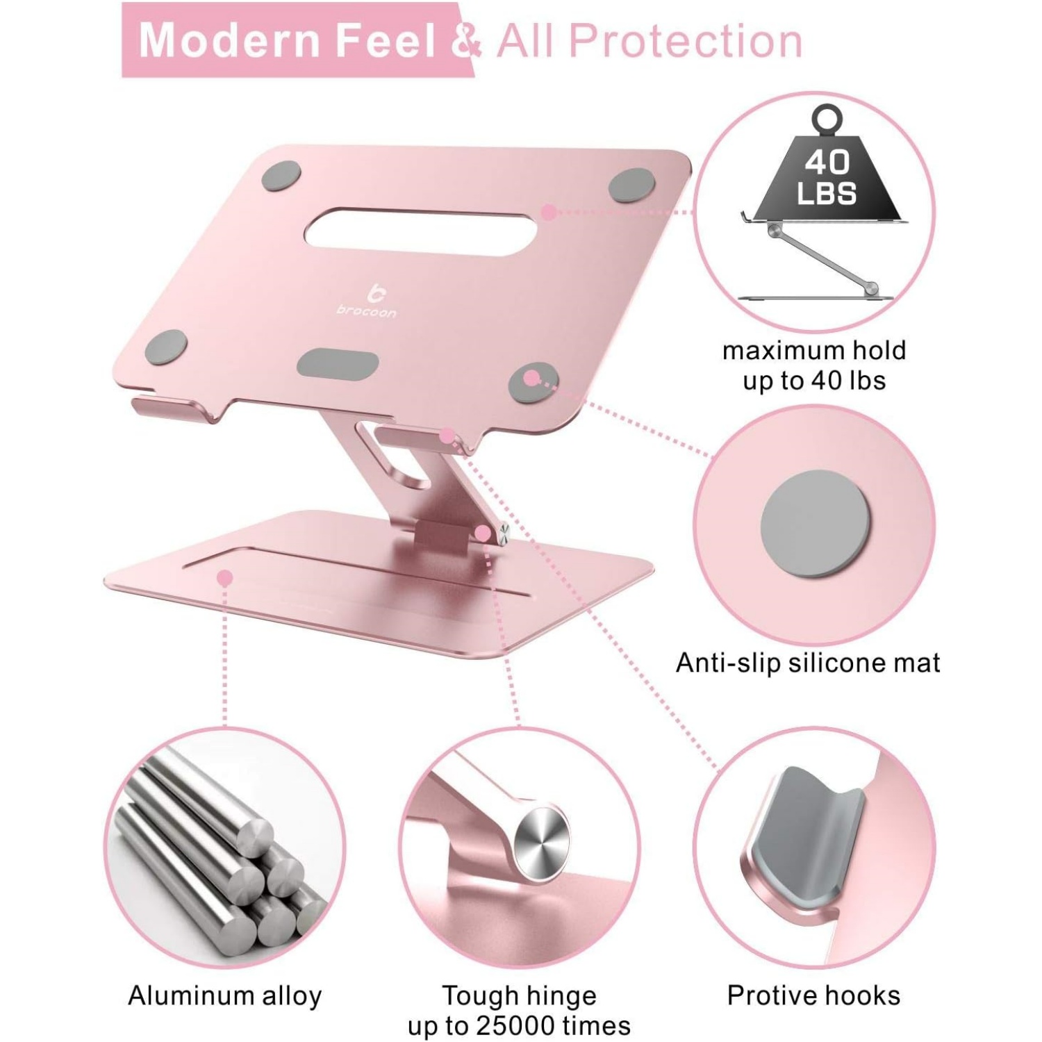 Adjustable Pink Laptop Stand for Desk | Ergonomic Aluminum Laptop Riser with Heat-Vent, Compatible for 10-17" Laptops, Rose Gold