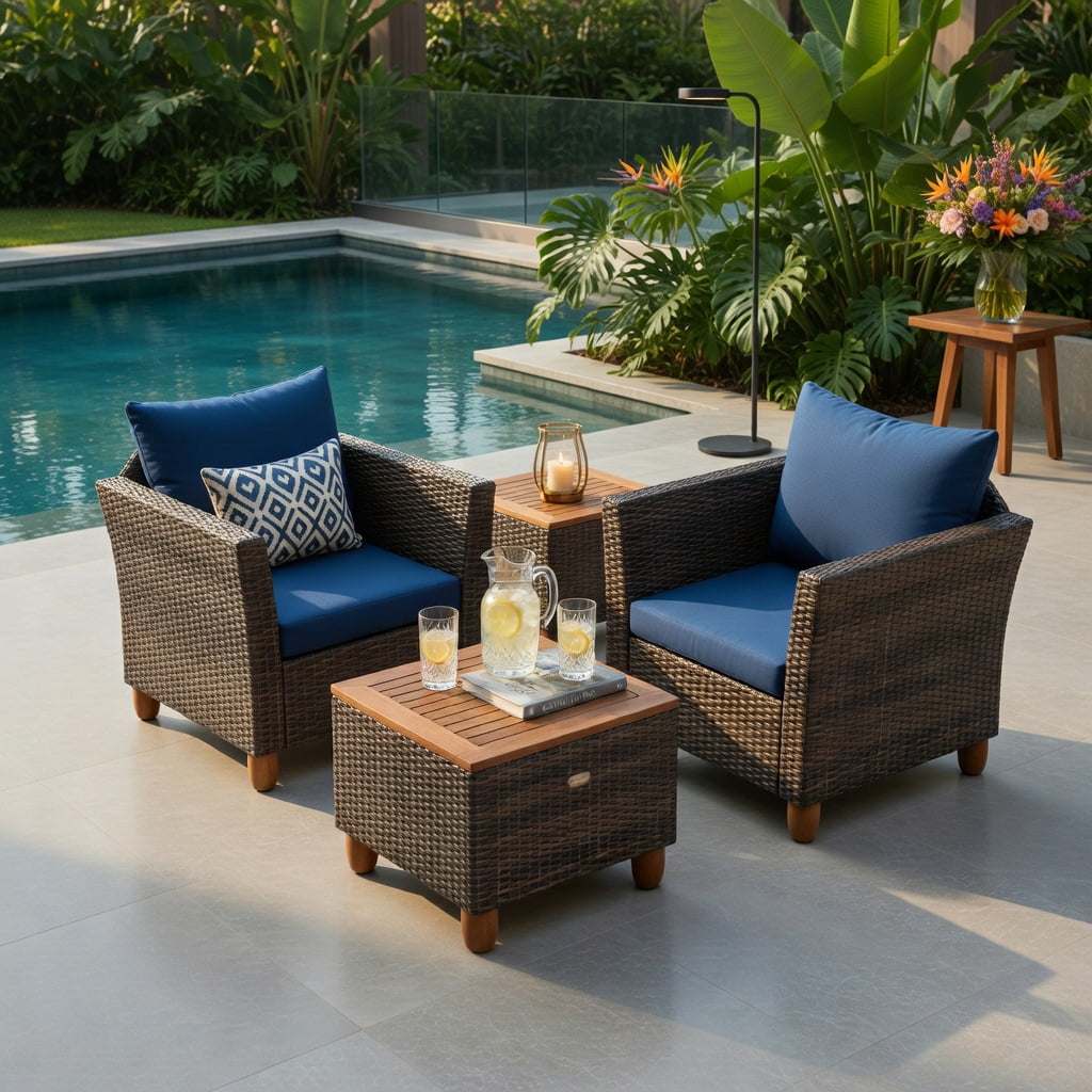 Hommoo 3-Piece Outdoor PE Wicker Patio Furniture Set with Navy Cushions, Acacia Wood Storage Coffee Table & Heavy-Duty Metal Frame, Navy