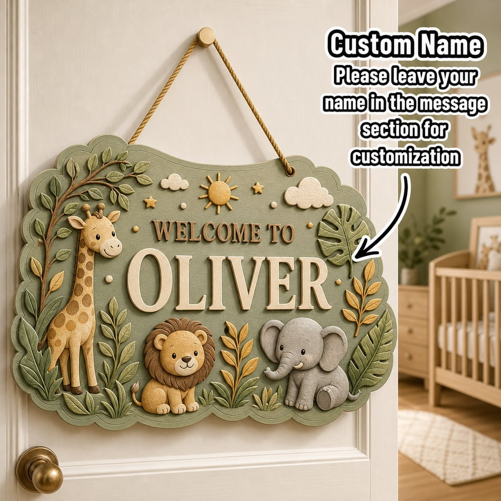 Personalized Nursery Sign Safari Animals Door Hanging with Custom Name for New Parents