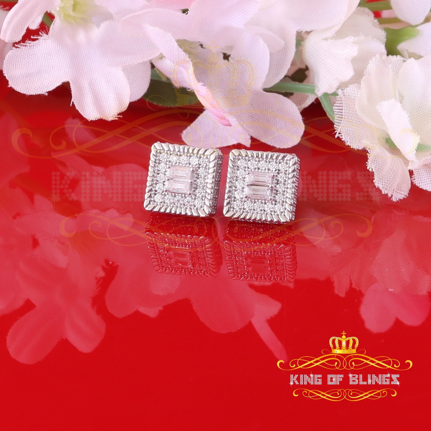 King of Bling's Men's/Women's 925 Silver White 1.00ct VVS 'D' Moissanite 3D Square Stud Earrings