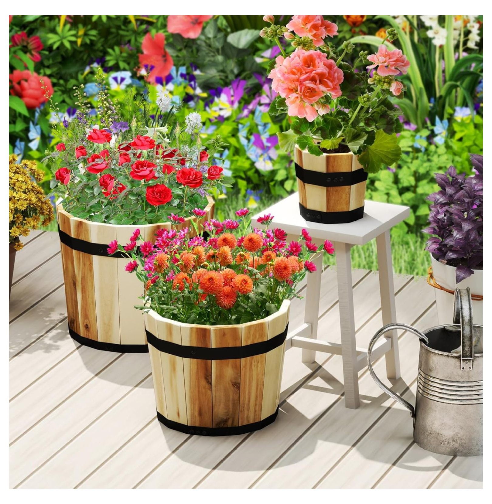 Wooden Plant Pots, 3-Piece Whiskey Barrel Planters w/ Drainage - Indoor Outdoor Flower & Herb Pots for Patio, Garden, Home Decor