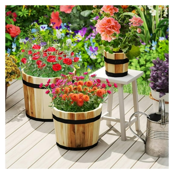 Wooden Plant Pots, 3 Solid Acacia Wood Whiskey Barrel Planters w/Drainage Holes for Flower Shrub, Multi Sizes Indoor Outdoor Patio Planting Flower Pots Home Decoration