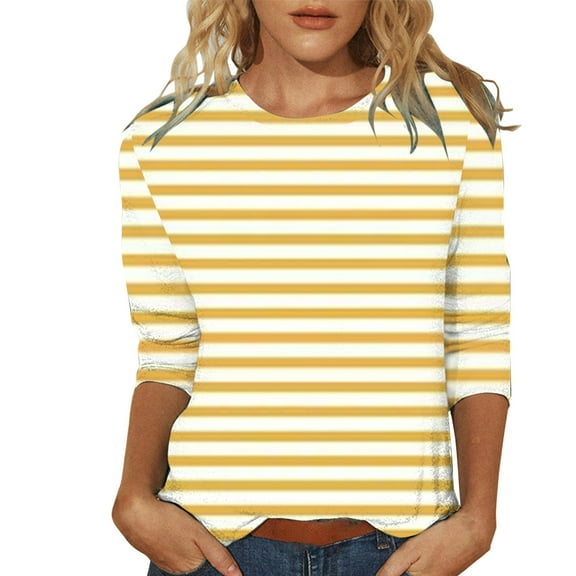 Womens Blouses Tops for Womens Casual Summer Tops Three Quarter Sleeve Round Neck Tee T Shirt Printed Loose Side Split Blouse Fashion Clothing