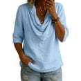 thumbnail image 3 of VBVC Women's Cotton Linen 3/4 Sleeve Tops , Ladies' Cowl Neck Loose Blouses , Casual Breathable Summer Shirts For Women,Light Blue,S-2XL, 3 of 6
