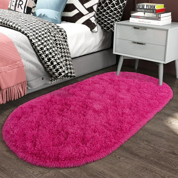 ZENELESS Oval Fluffy Rug, Non-Slip Soft Plush Shag Carpet for Kids Room Nursery Dorm Living Room, 2.6 x 5.3ft Rose Red