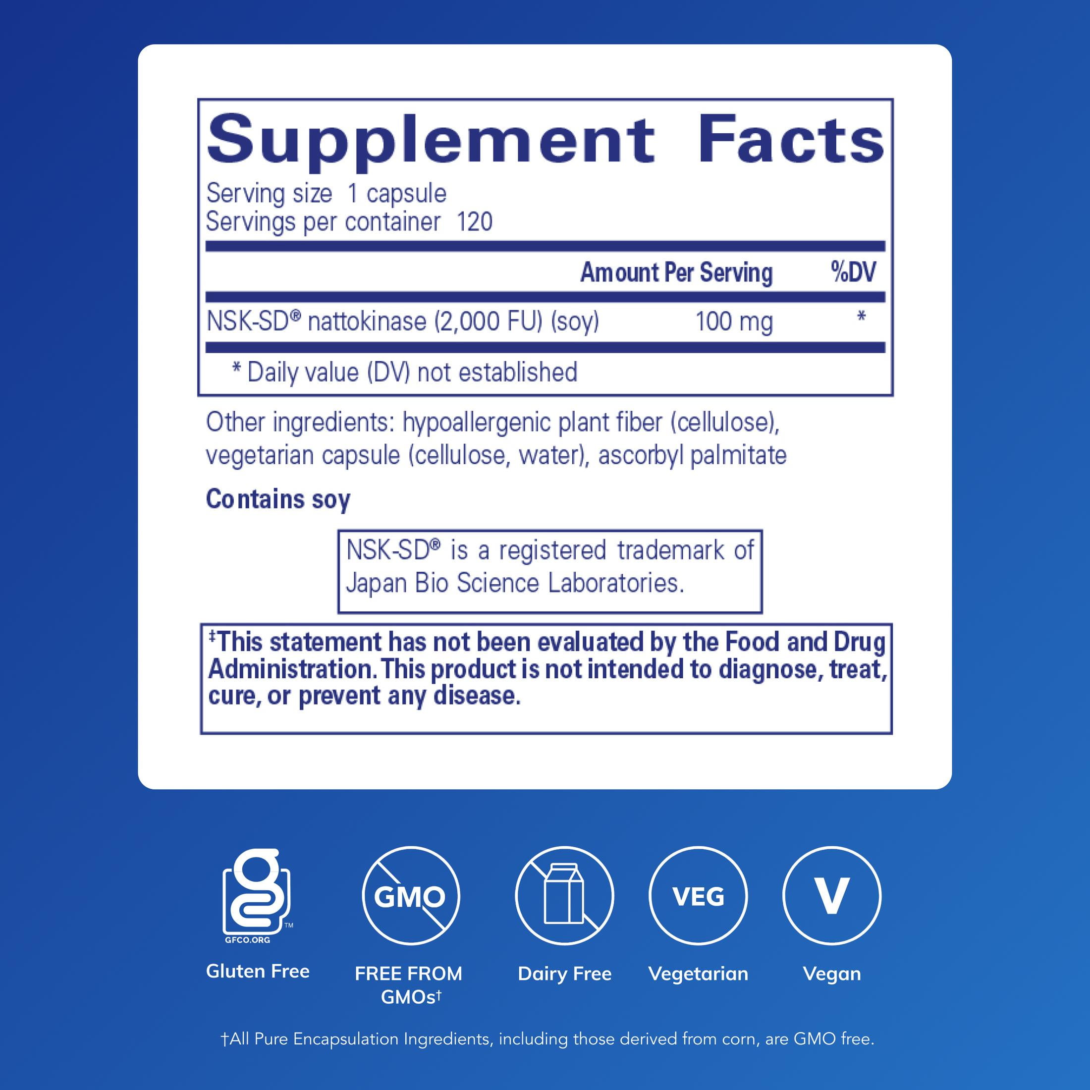 Pure Encapsulations NSK-SD - 100 mg Nattokinase - For Normal Blood Circulation - Supports Fibrinolytic Activity* - Gluten Free & Non-GMO - 120 Capsules