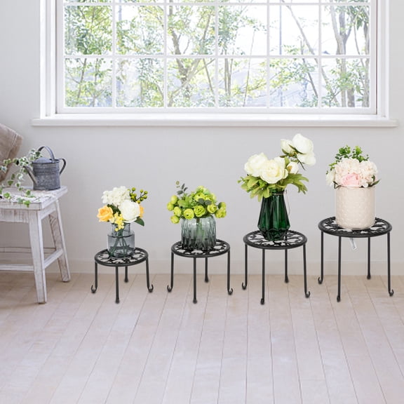 BAYUELSWU 4-Pack Black Metal Plant Stand, Round Rustproof Flower Shelf, Durable Pot Stands for Indoor, Outdoor