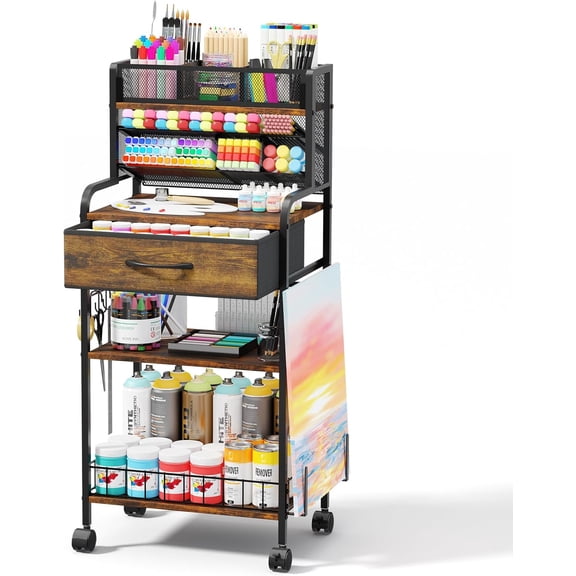 Art cart, 3 Tier Rolling Cart - Utility Cart with Storage Drawer and Wheels, Versatile Art & Craft Organizer for Home, Office, or Studio Ideal for Storing Brushes, Paints (Brown)