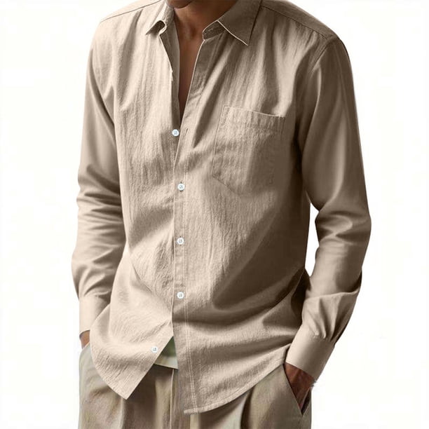 Blusa y camisa de manga larga con cuello vuelto para hombre, informal, de color liso, con botones y cuello vuelto, blusa de manga larga para hombre