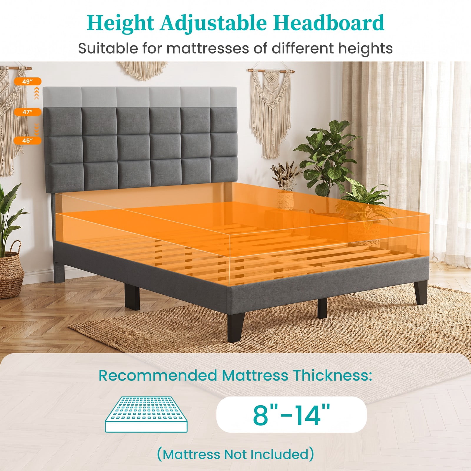 Furnibear Queen Size Bed Frame, Upholstered Linen Platform Bed with Adjustable Square Tufted Headboard and Wood Slats for Bedroom, Gray