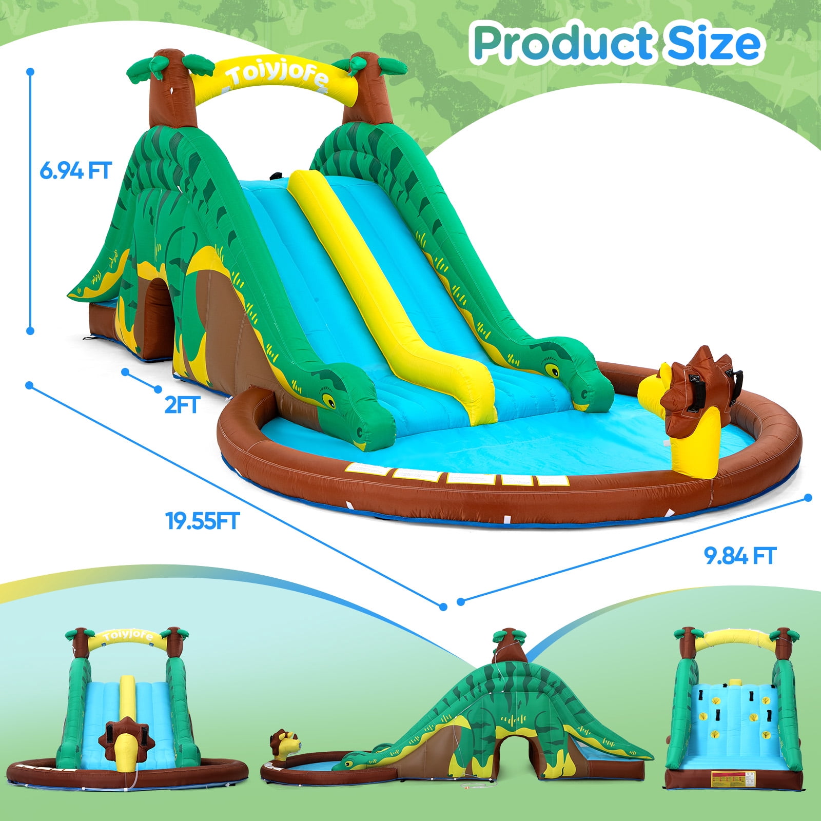 Toiyjofe Dinosaur Inflatable Water Slide for Kids, 19FT Long, Dual Slides with Splash Pool, Climbing Wall & GFCI Blower, Outdoor Backyard Water Park