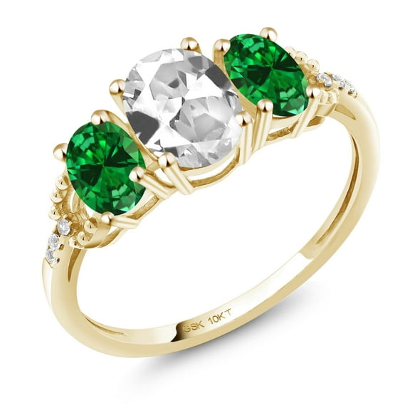 Gem Stone King 10K Yellow Gold Oval White Created Sapphire Green Simulated Emerald and Diamond 3-Stone Engagement Ring for Women (1.72 Cttw, Size 5)