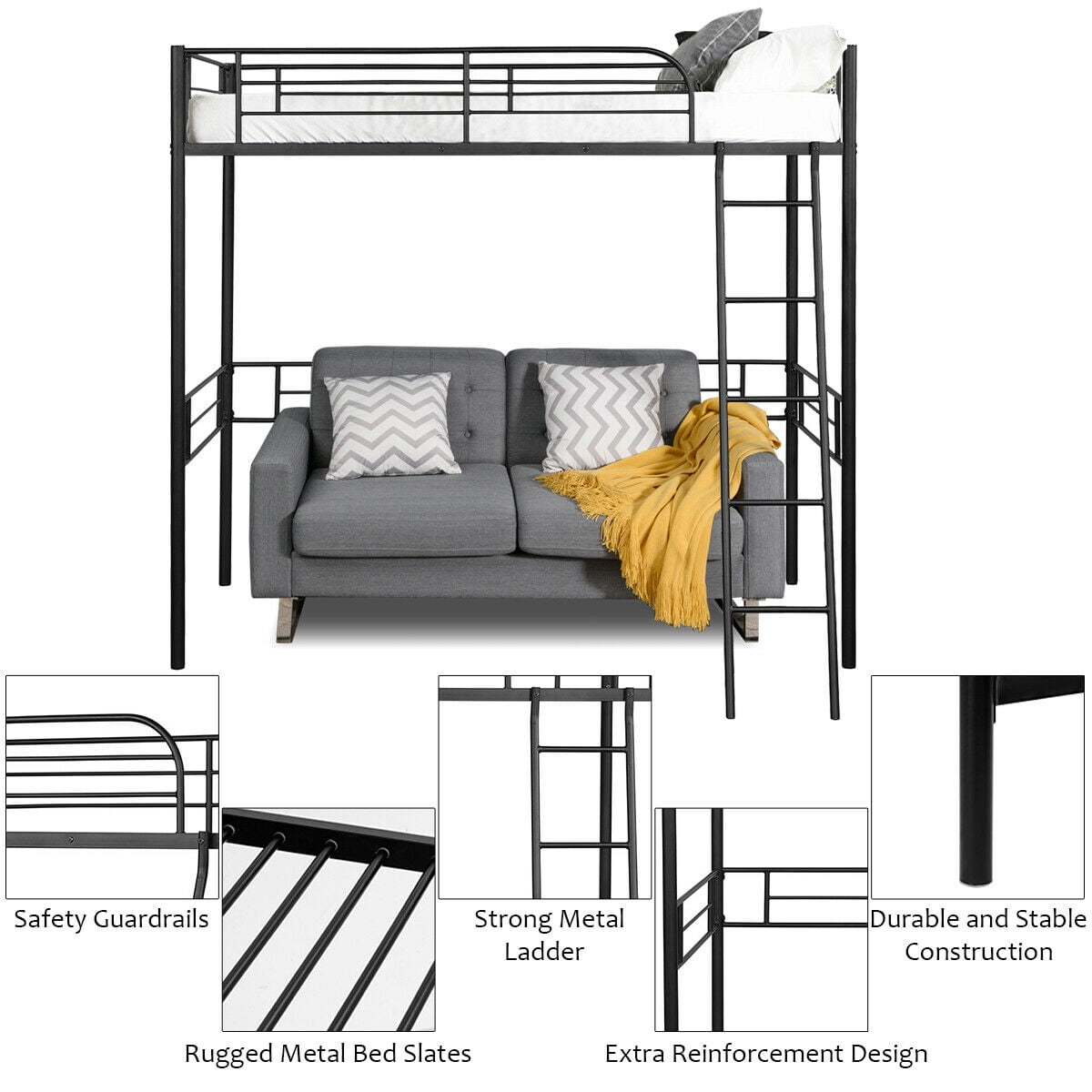 Gymax Loft Metal Single Bed Kids and Teens with Safety Guardrails Ladder, Twin, Black