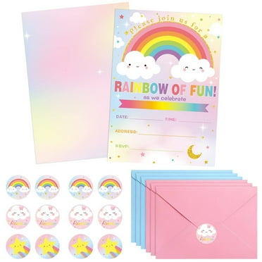 Rainbow Celebration Invitation Kit - 24 Fill-in-the-Blank Cards with Envelopes and Stickers for Kids Birthday and Baby Shower Parties - Fun and Colorful Party Supplies