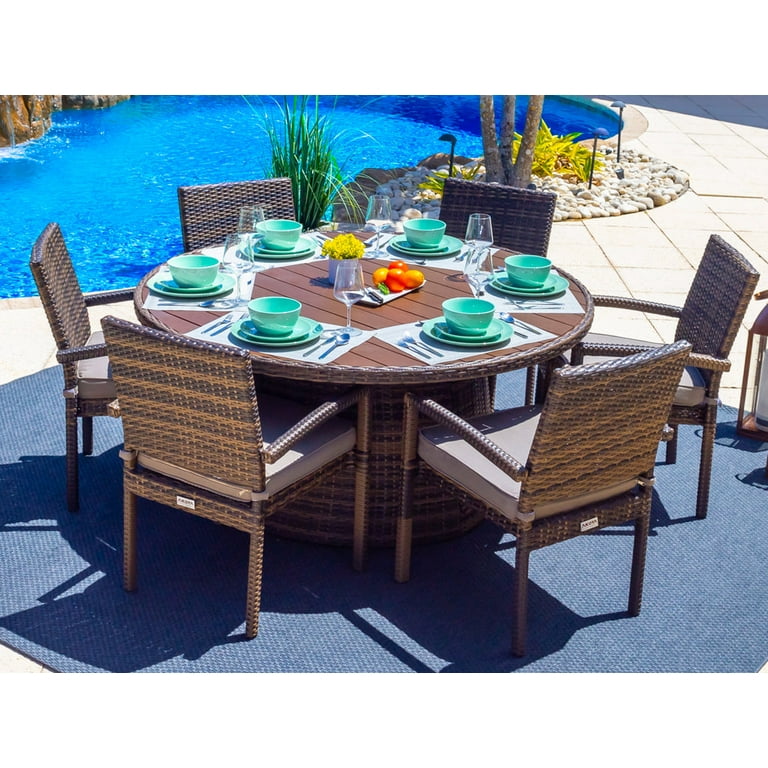 Sorrento 19 Piece Resin Wicker Outdoor Patio Furniture Combination Set in Brown W Sectional Set Round Dining Set and Chaise Lounge Set Flat Weave
