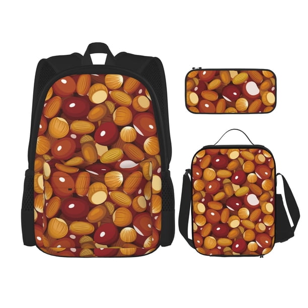 Easygdp Almond Nuts Mochila para Niños y Niñas con Set de Caja de Almuerzo y Estuche para Lápices 3 en 1, Mochila Escolar Estampada para Adolescentes
