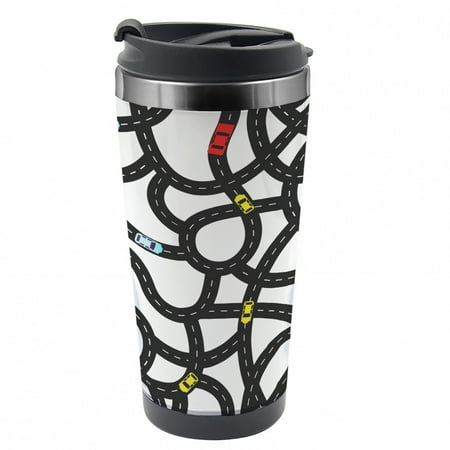 

Cars Travel Mug Urban Themed Road Design Steel Thermal Cup 16 oz by Ambesonne