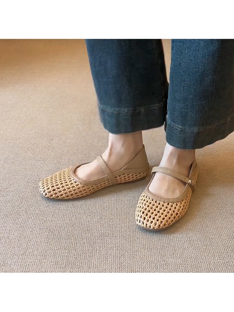 Women's Mary Jane Ballet Flats With Strap | Square Toe, Buckle Detail | Comfortable Dressy Shoes In Brown, Coffee, White