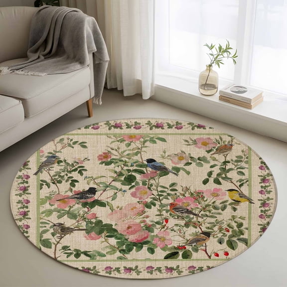 Round Area Rug 3 Ft, Beige Spring Floral Washable Non-Slip Circle Carpet for Living Room/Bedroom, Elegant Pastoral Flowers Birds Watercolor Low-Profile Small Floor Mats Collection Rugs for Indoor