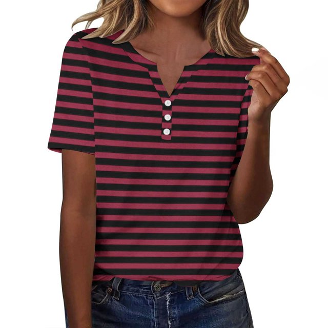 Plebaso T-Shirts à Rayures Col en V pour Femmes Manches Courtes Été Décontracté Blouses Amples pour Femmes