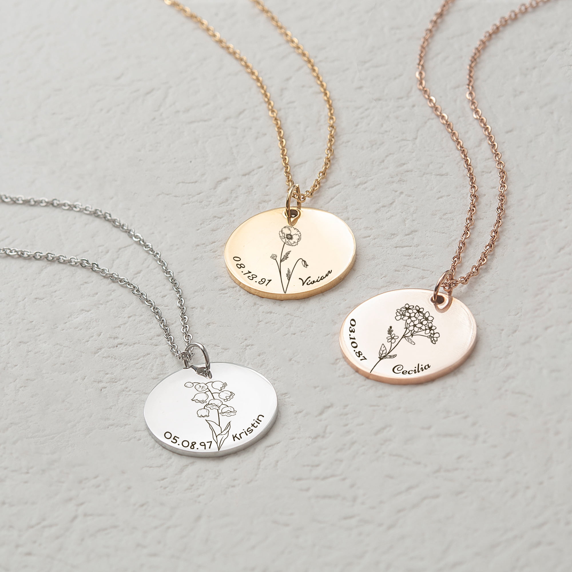 Anavia Personalized Womens Birth Flower Round Stainless Steel Charm Necklace Gift for Her