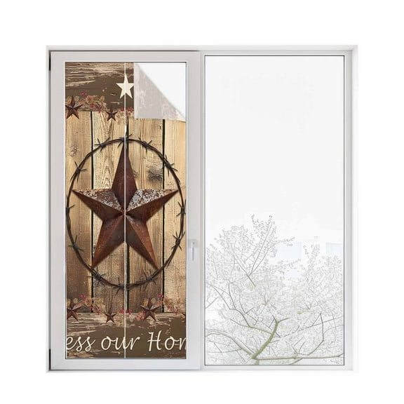 Window Privacy Film Rustic Country Stained Glass Window Film Decorative Sun Block Window Cover Western Stars Brown Texture Wooden Print Window Clings Static Adhesive Sticker for Bathroom 29.5"x78.7"