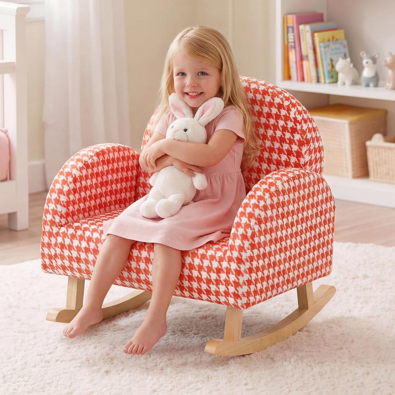 INFANS Kids Sofa, Toddler Rocking Chair with Solid Wooden Frame, Anti-Tipping Design, Plush Fabric, Children Armchair for Nursery Kindergarten Gift for Boys Girls