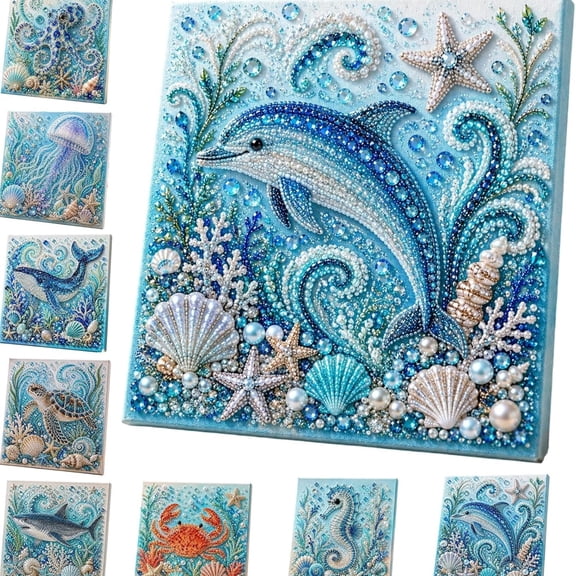 Ocean Theme Pearl Art DIY Kit, 3D Sparkling Coastal Wall Decor Octopus DIY Pearl Painting Kit, Relaxing Craft Ocean Diamond Art for Adults, Beach Lovers, F