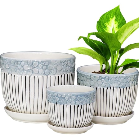 Ceramic Plant Pots Set of 3, 6.75/5.6/4.2 inch Planters with Drainage Holes and Saucer, Flower Pot Outdoor Indoor, Modern Decorative Planters for House Plants Garden Planters Succulent Pots
