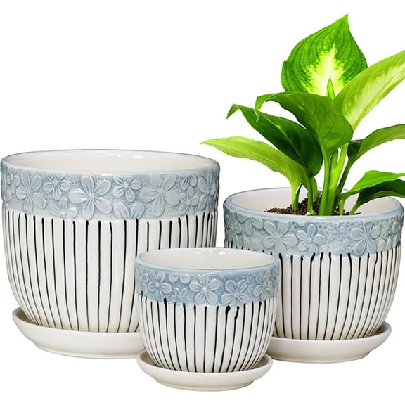 Ceramic Plant Pots Set of 3, 6.75/5.6/4.2 inch Planters with Drainage Holes and Saucer, Flower Pot Outdoor Indoor, Modern Decorative Planters for House Plants Garden Planters Succulent Pots