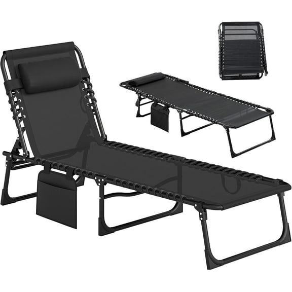 Chaise Lounge Chair Outdoor, 5-Position Adjustable Sun Tanning Chair with Carrying Handle and Side Pocket, Folding Bed Cot with Removable Pillow for Garden, Beach, Patio, Pool, Camp, Black