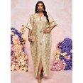 thumbnail image 3 of Gold Floral Jacquard Maxi Tunic Dress With Batwing Sleeves, Front Split, Notched V-Neck, Ornamental Buttons, 3 of 7