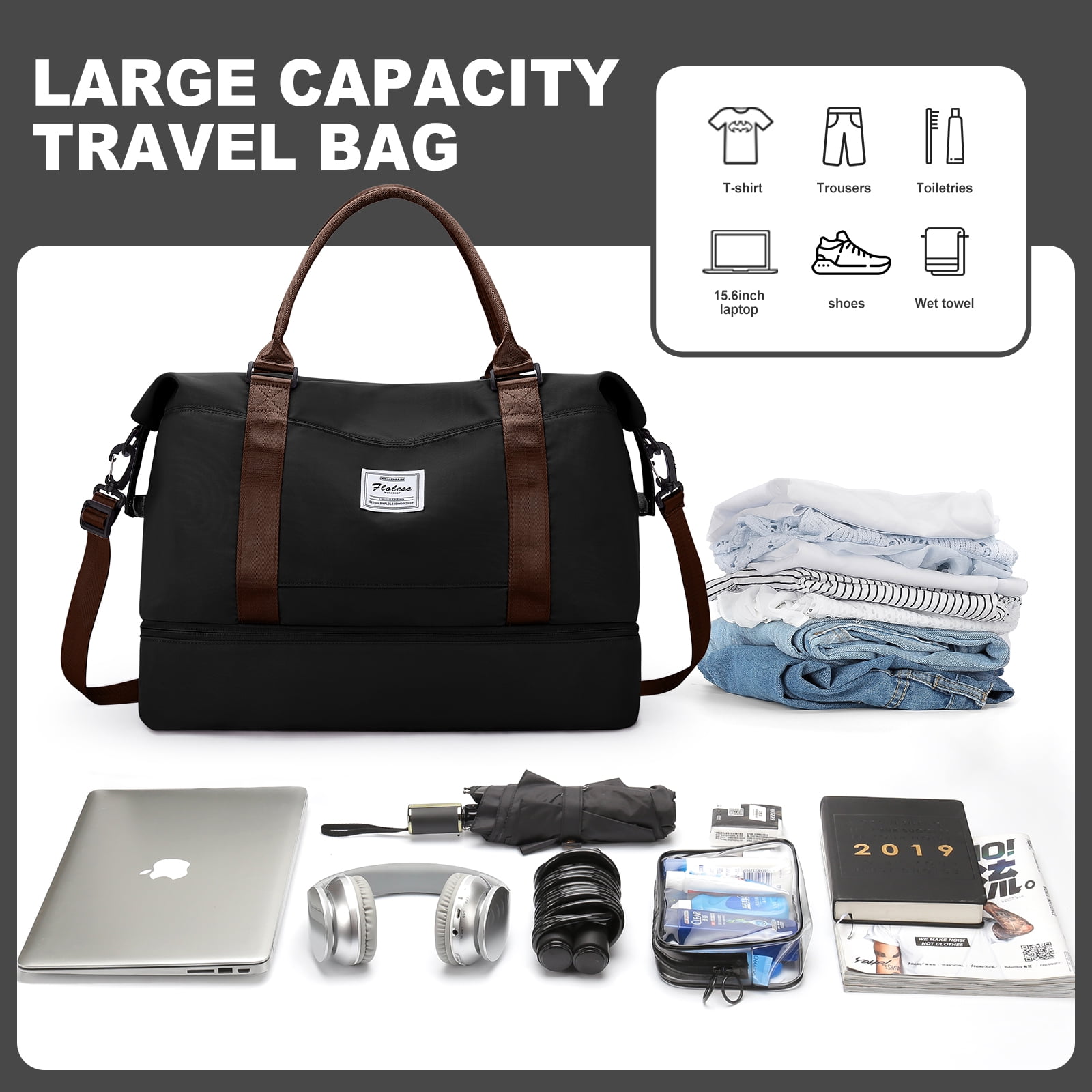 Weekender Bags for Women, Travel Duffel Bags with Shoe Compartment, Personal Item Travel Bag for Airlines, Carry on Overnight Tote Bag for Women, Black Brown