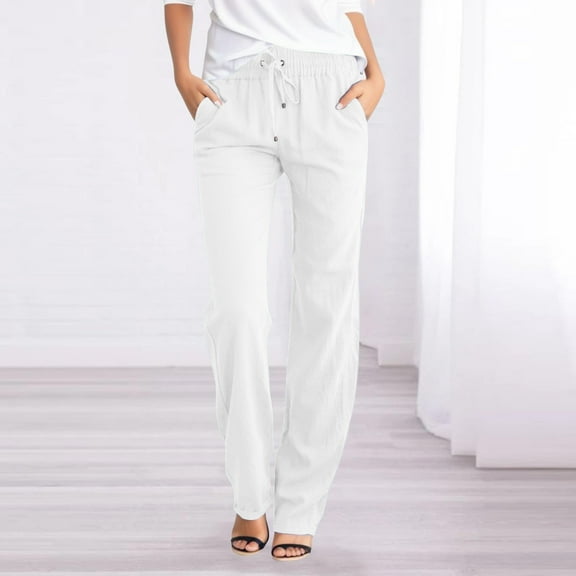 asjyhkr Womens Linen Pants Stretch High Waist Drawstring Lounge Vacation Beach Trousers with Pockets