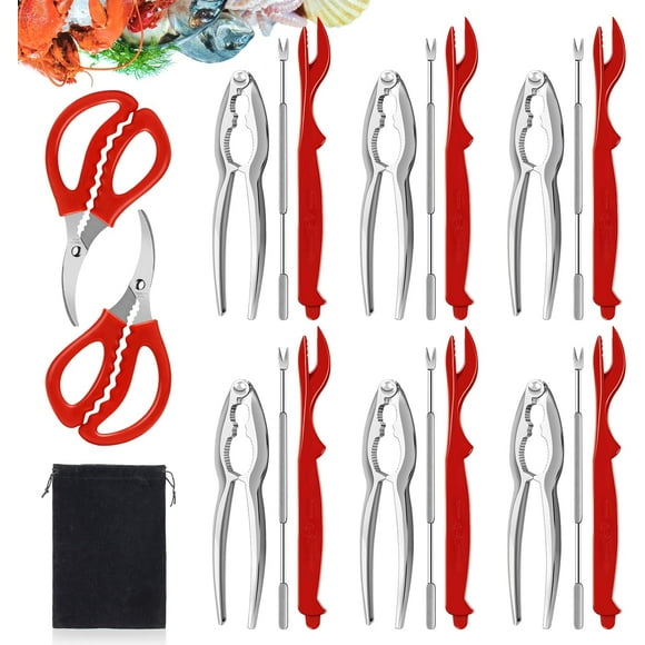 Crab Crackers and Tools, 20 Pcs Seafood Tools Set includes 6 Crab Crackers, 6 Lobster Shellers, 6 Crab Leg Forks/Picks, 2 Seafood Scissors and Storage Bag, Nut Crackers Set for Crab Legs