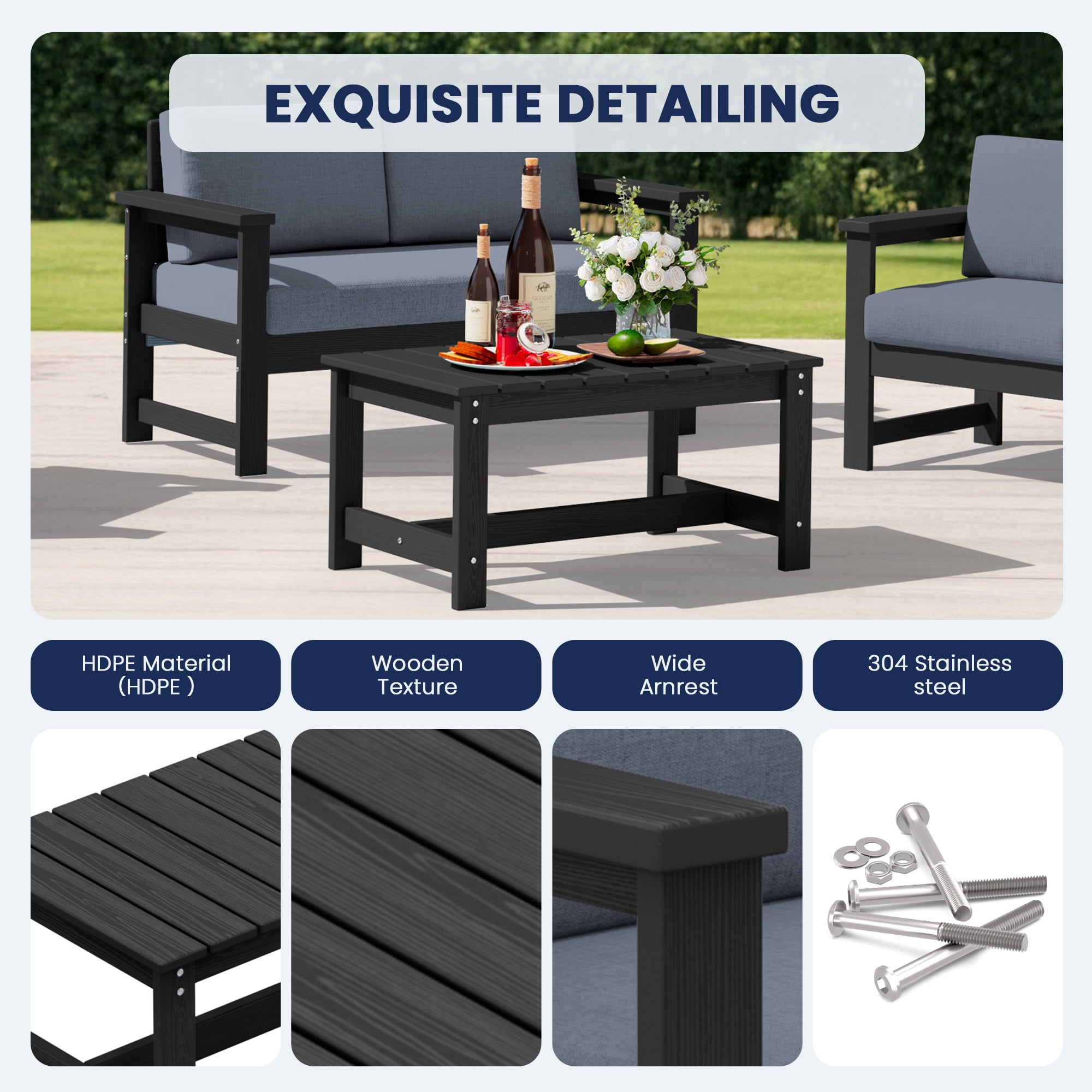 KINGYES 3 Pieces Outdoor Furniture Set, HDPE All Weather Use Conversation Couch Sets,2 Armchairs & 1 Coffee Table for Patio Backyard, Black Frame with Gray Cushions
