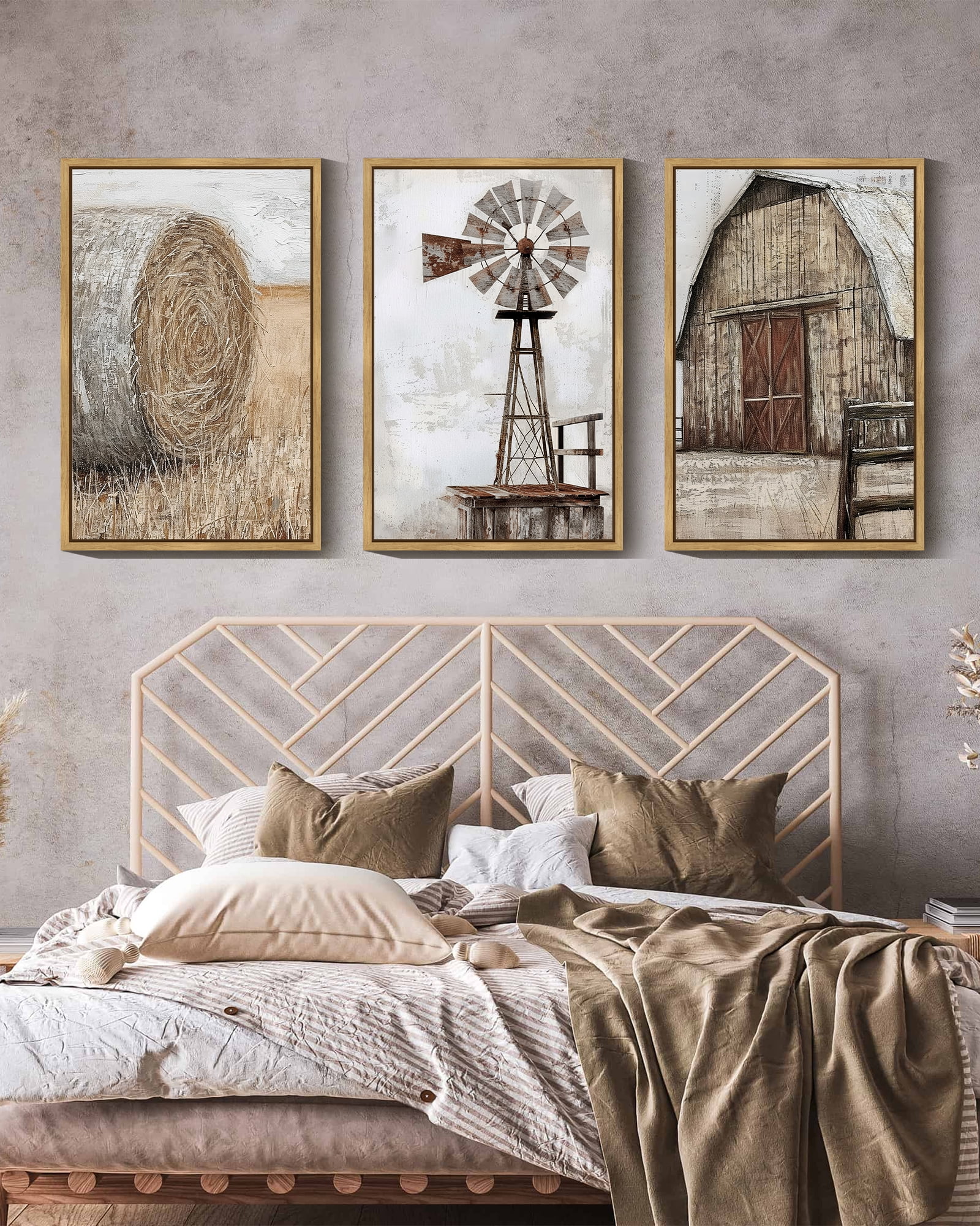 16x24in Natural Framed Farmhouse Wall Art Vintage Rustic Windmill Barn Cornfield Pictures Framed Painting Landscape Countryside Rural